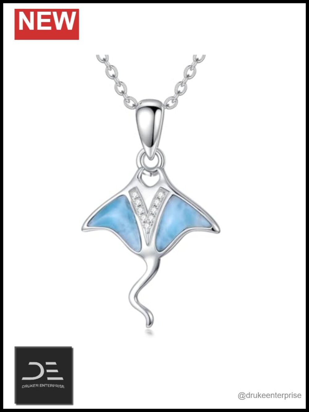 Stingray Pendant Necklace 925 Sterling Silver Larimar Gemstone Ocean Jewelry